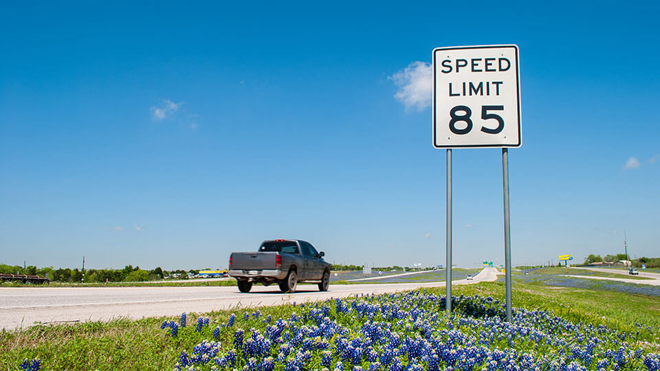 A "Speed Limit 85" sign along SH 130 beside a field of bluebonnets, with a pickup truck driving past.